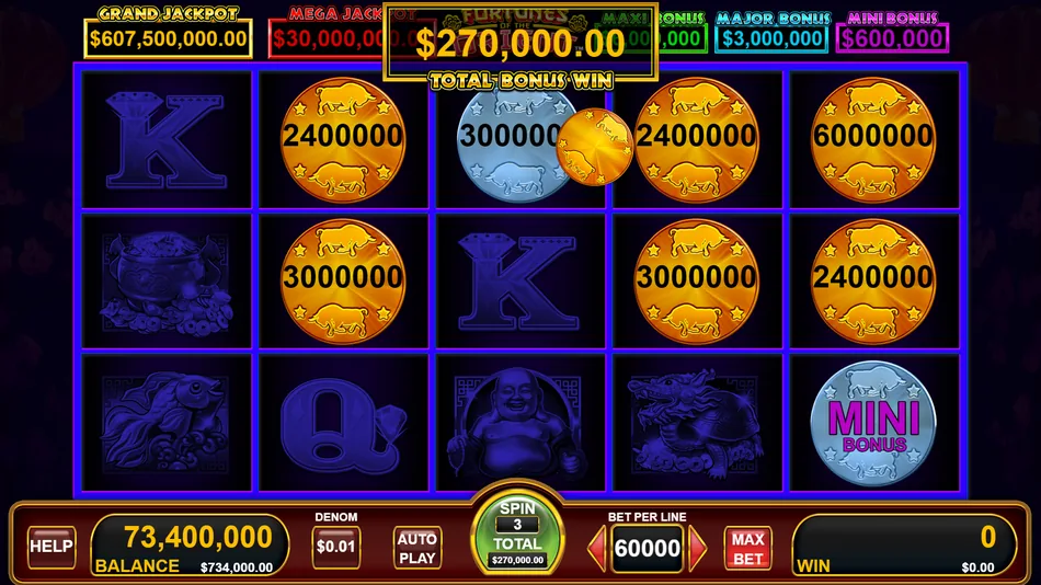 Fully filled 15-position grid at the end of the Bull Blitz Feature triggering the Grand Jackpot