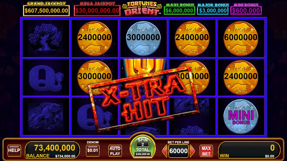 X-TRA HIT tile next to held Bull-head symbols in Bull Rush Stampede